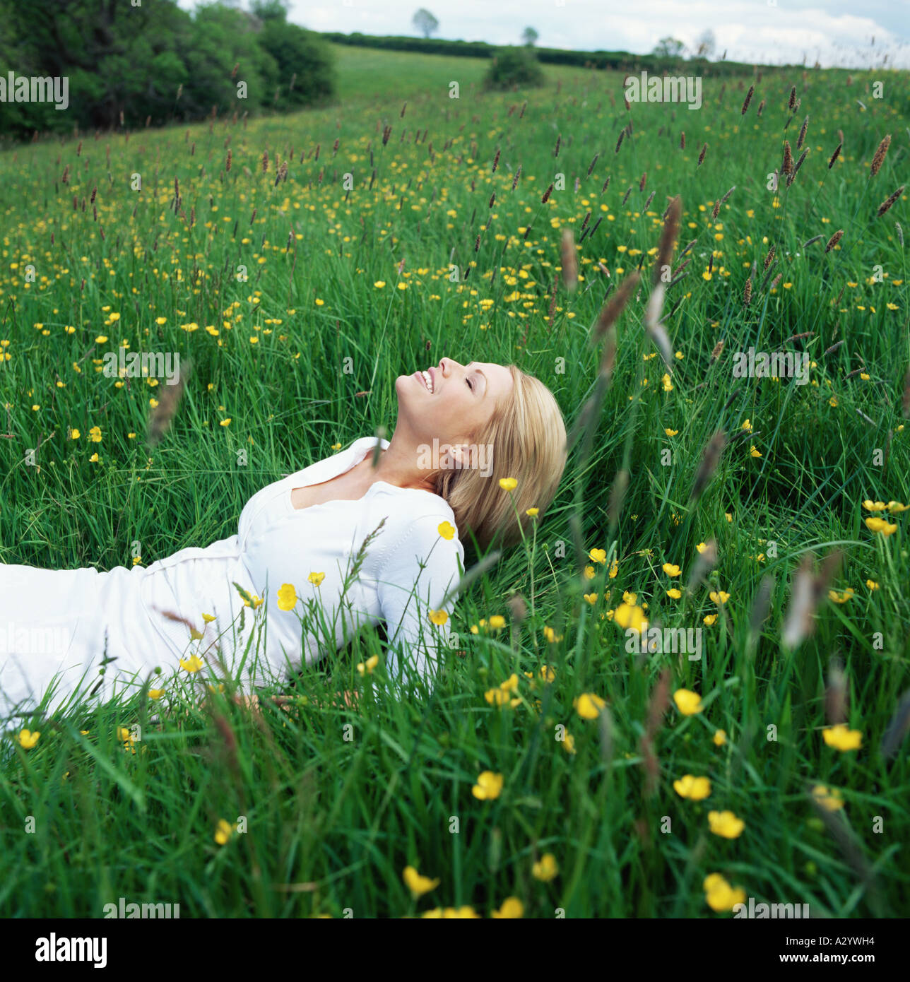 Blonde Frau, die im Feld liegen Stockfoto