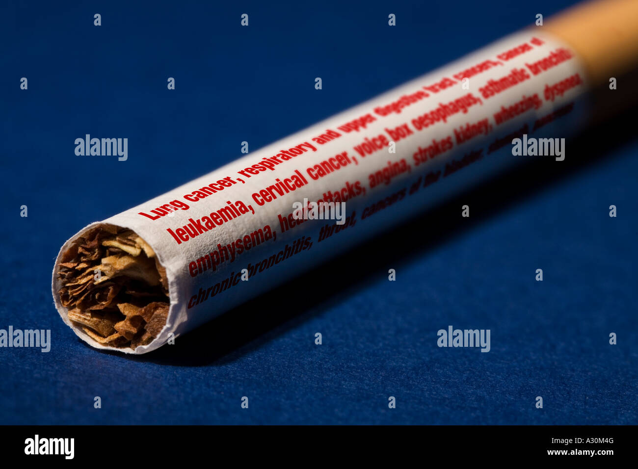 Zigarette mit Liste von Raucherkrankheiten gedruckt auf der Seite Stockfoto