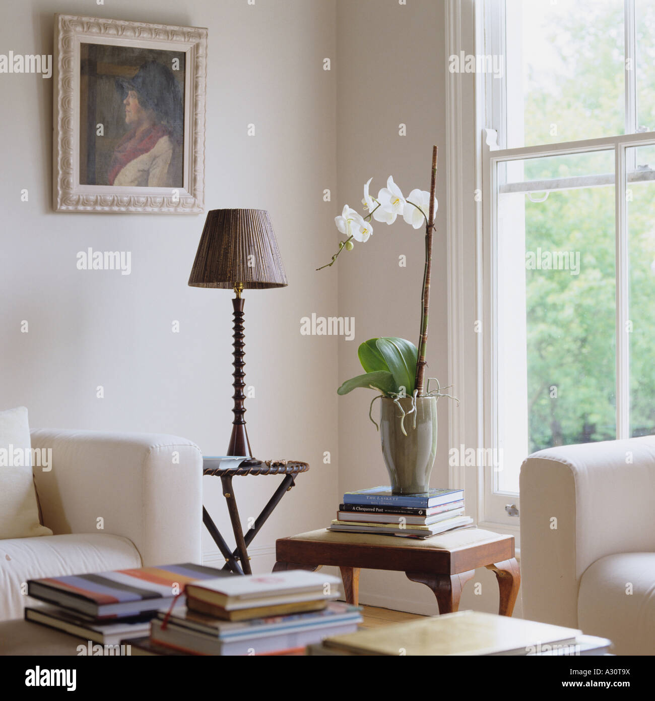 Ecke eines Raumes mit einer Orchidee auf einem Beistelltisch Stockfoto