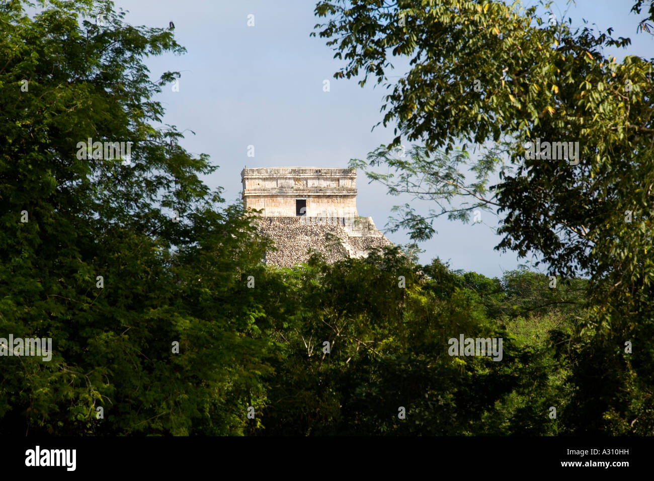 Die große Pyramide auf der zerstörten Maya-Stadt Chichen Itza in Mexiko durch den Dschungel von El Castillo anzeigen Stockfoto