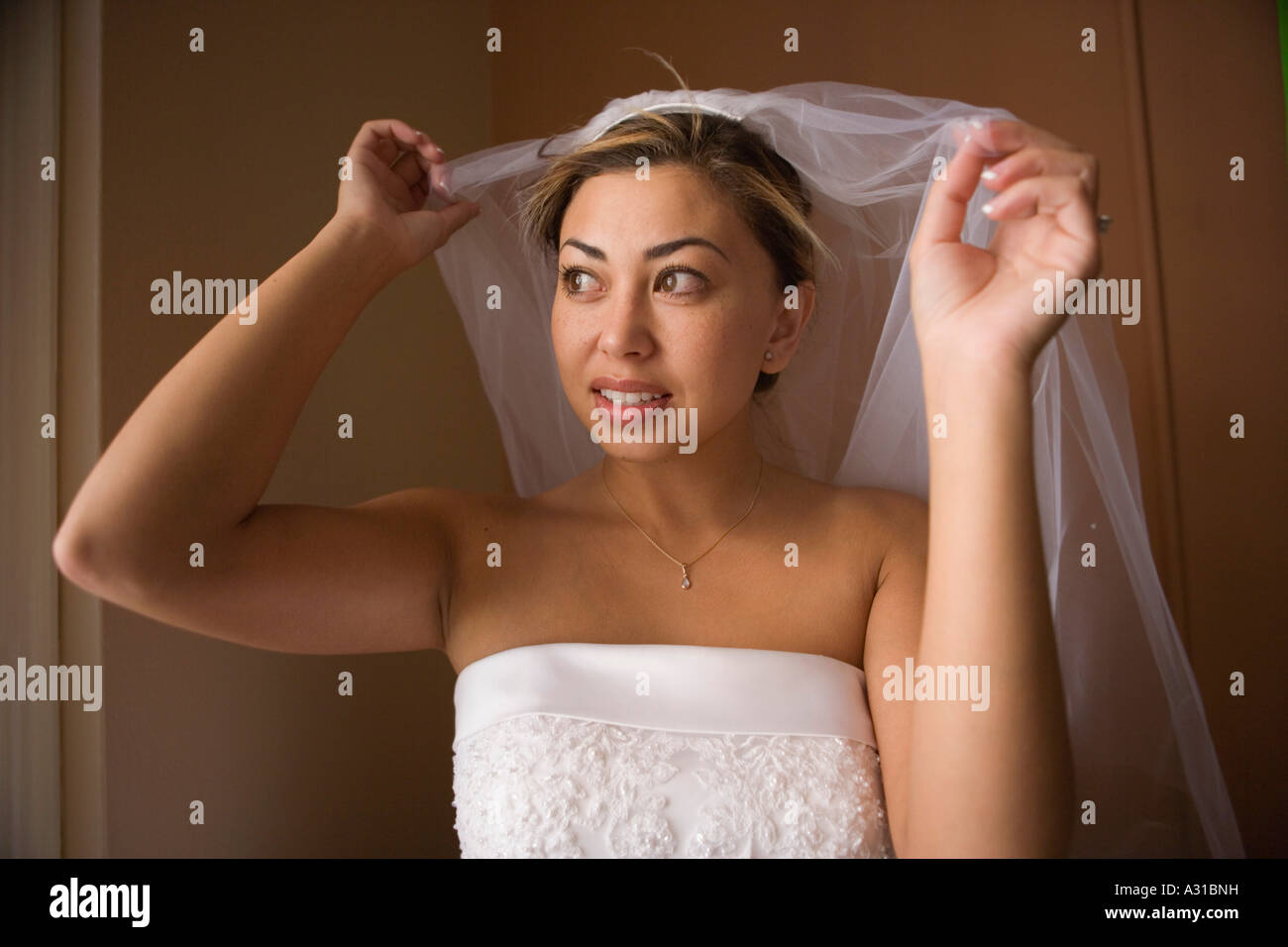 Braut Schleier über Kopf heben und Blick aus Fenster Stockfoto