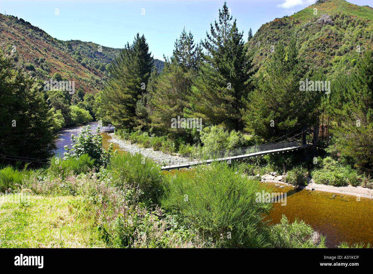 Hängebrücke über den Fluss Inangahua am Rande der kleinen Stadt von Reefton, Südinsel, Neuseeland. Stockfoto