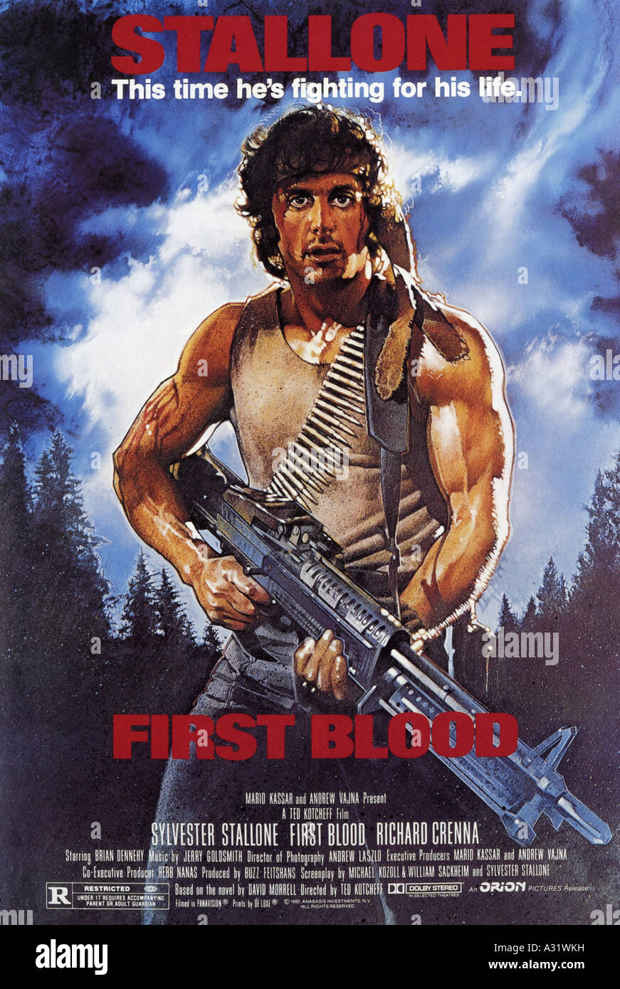 Erstes Blut Poster für das Jahr 1982 Carolco film mit Sylvester Stallone Stockfoto