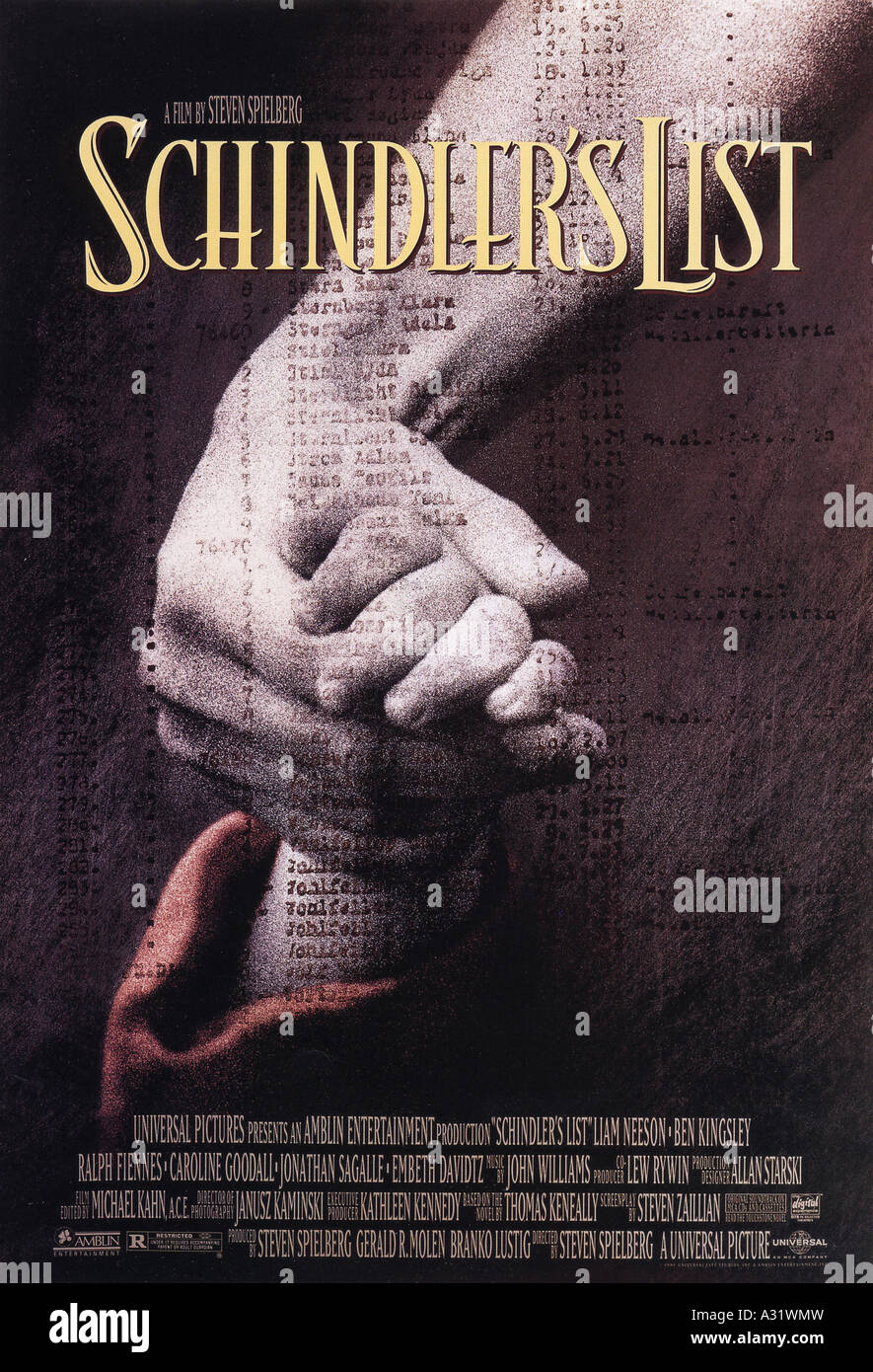 Schindlers Liste Plakat für das Jahr 1993 Universal/Amblin Film unter der Regie von Steven Spielberg Stockfoto