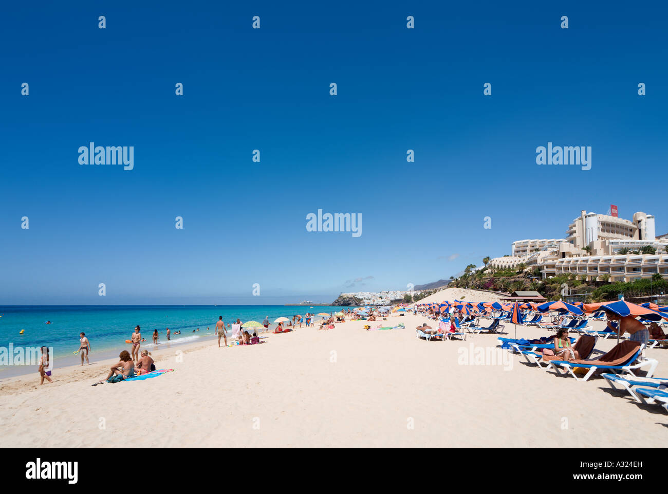 Strand in der Nähe von Hotel Riu Palace Jandia, Jandia (Morro Jable), Fuerteventura, Kanarische Inseln, Spanien Stockfoto