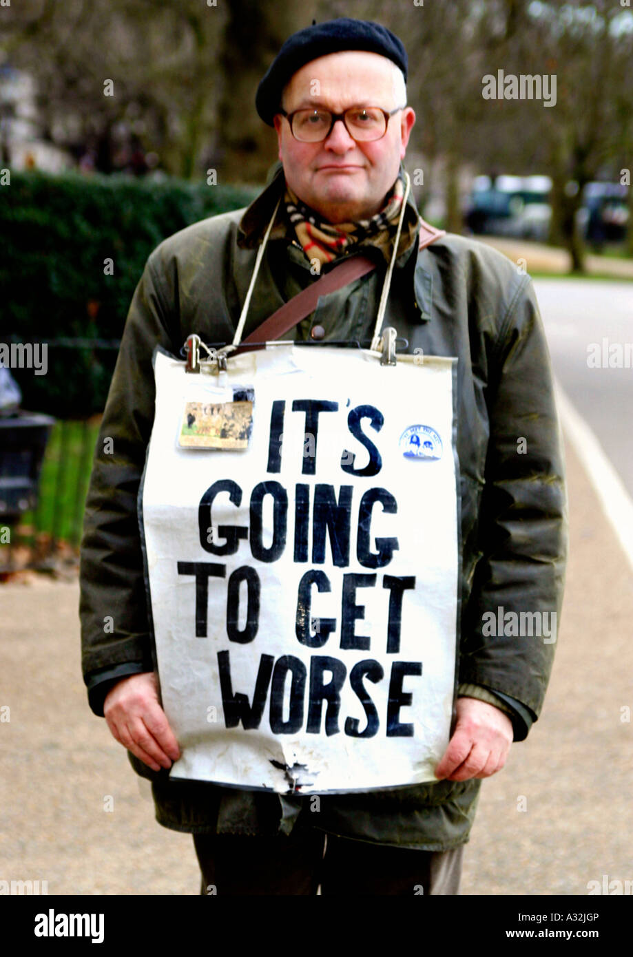 Prophetische Mann mit Plakat, Speaker es Corner, Hydepark, London, England Stockfoto