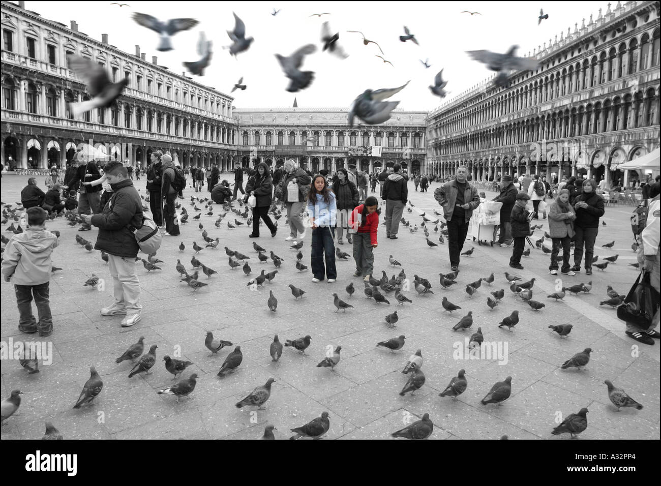 zwei junge Mädchen füttern der Tauben in Markusplatz, Venedig Stockfoto