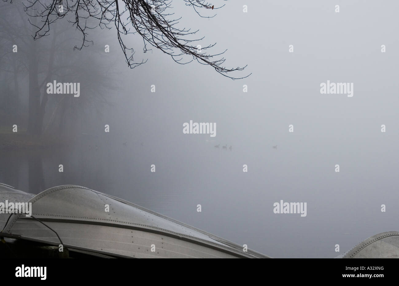 Boote am Ufer eines Sees an einem nebeligen Tag Stockfoto