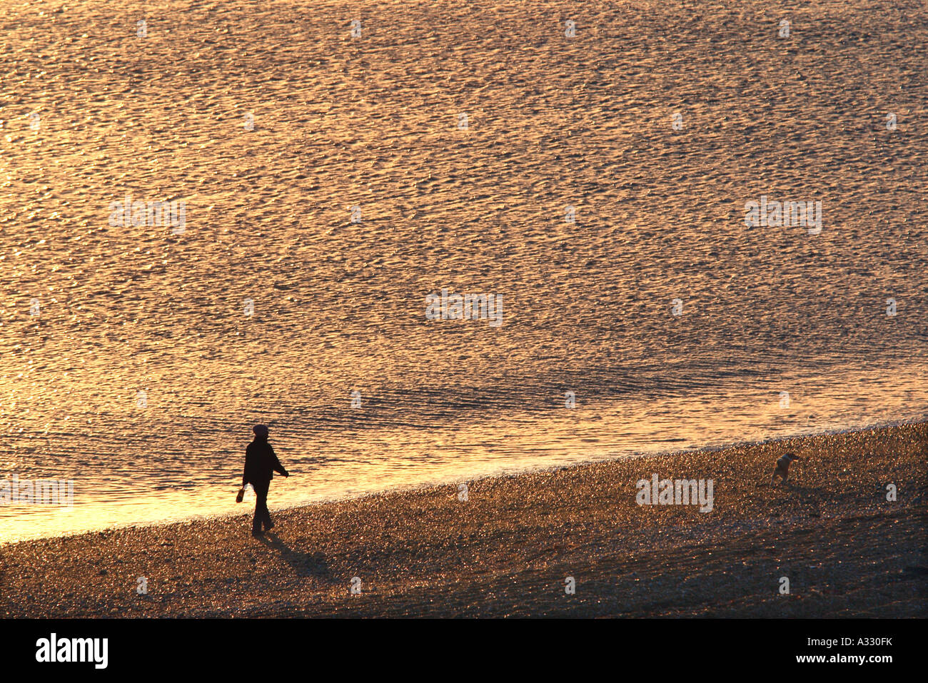Person zu Fuß ihren Hund entlang der Uferlinie auf einem Kiesstrand Stockfoto