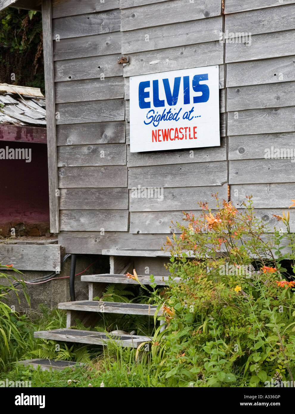 Elvis gesichtet am Newcastle Schild genagelt, Tür Bamfield Vancouver Island Kanada vergießen Stockfoto