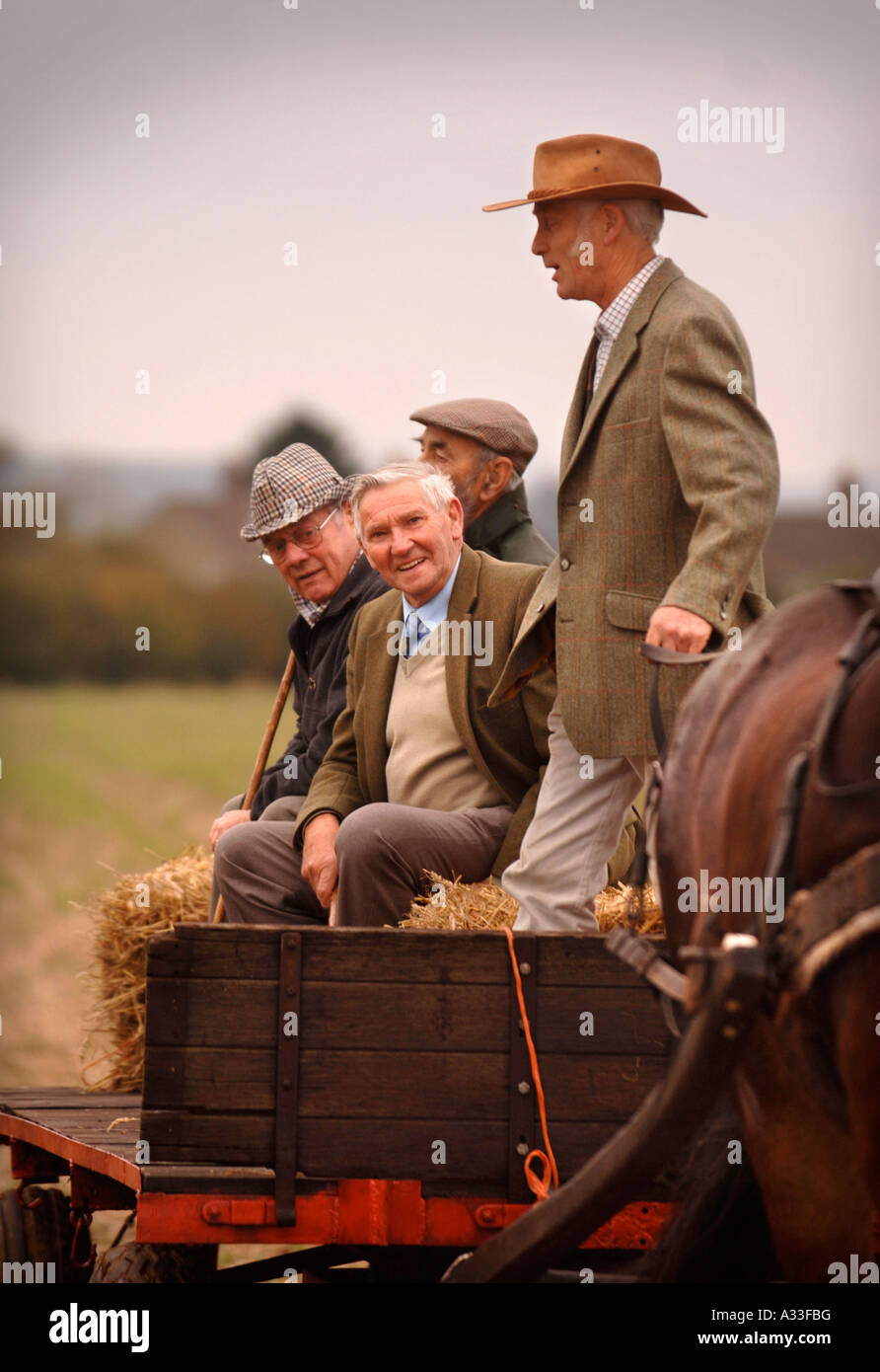 VIER PENSIONIERTE HERREN GENIEßEN SIE EINE FAHRT AUF EINEM PFERD GEZEICHNETEN WAGEN BEI DEN NATIONALEN HEDGELAYING-MEISTERSCHAFTEN Stockfoto