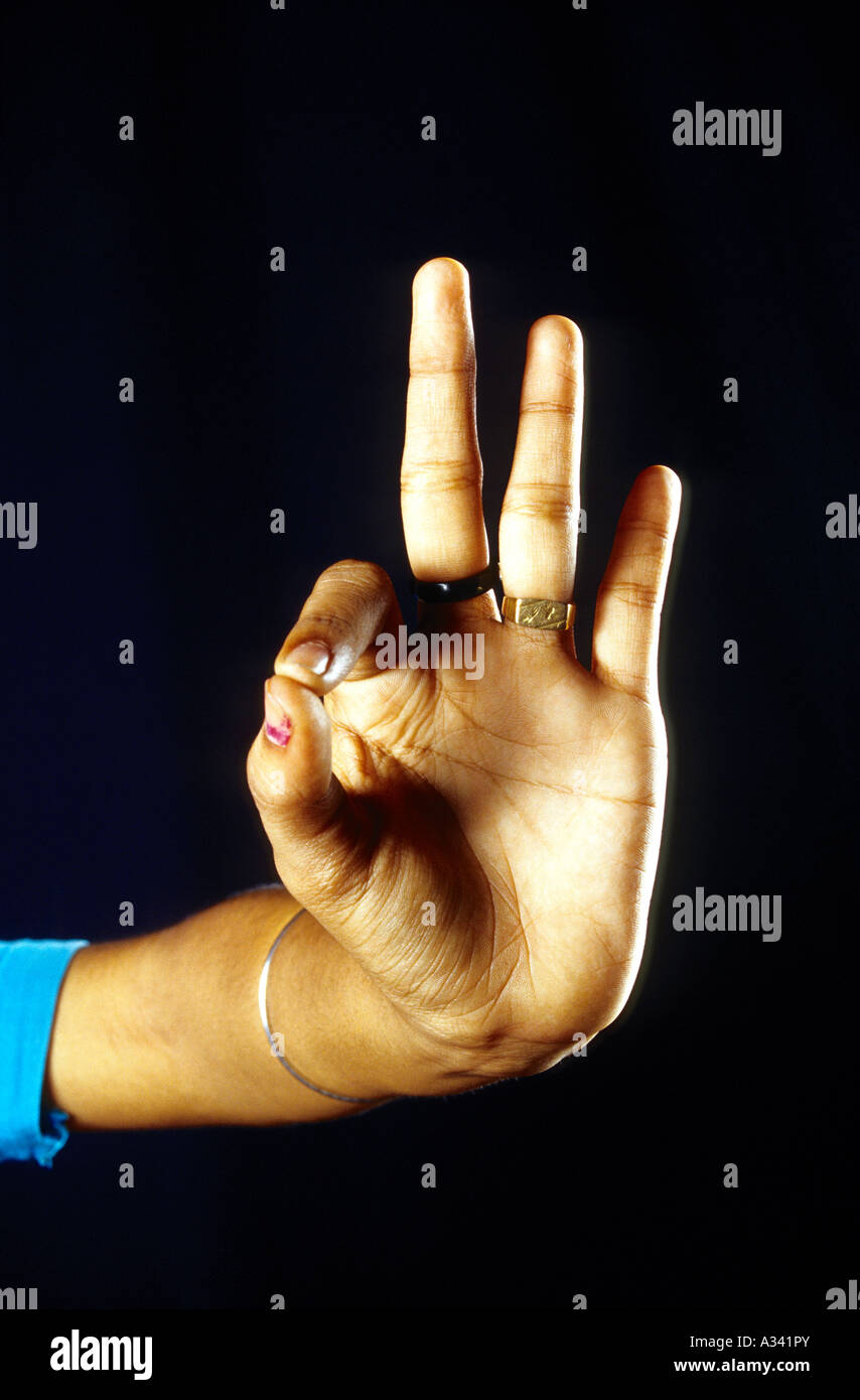 MUDRAS IM BHARATHANATYAM GELEHRT IN KERALA KALAMANDALAM Stockfotografie