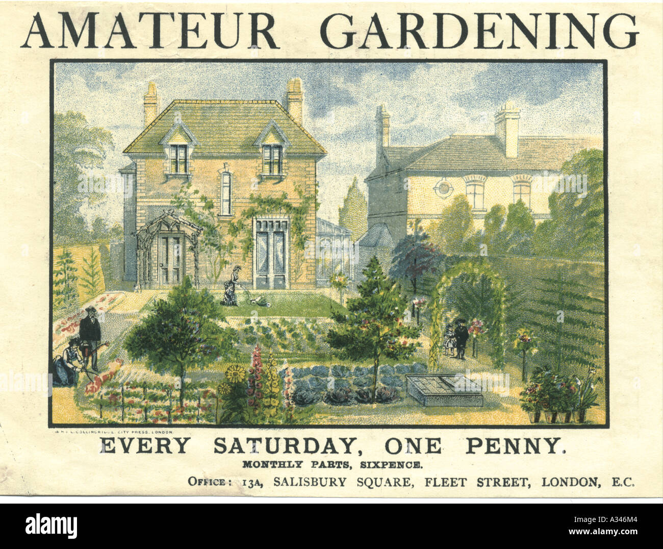 Villa Garten ca. 1895 Werbung Amateur Gardening Stockfoto
