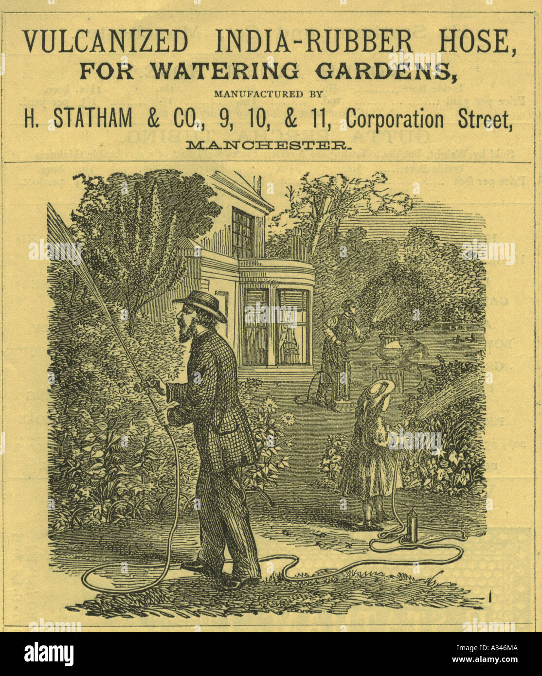 Kautschuk Gartenschlauch Werbung um 1860 Stockfoto