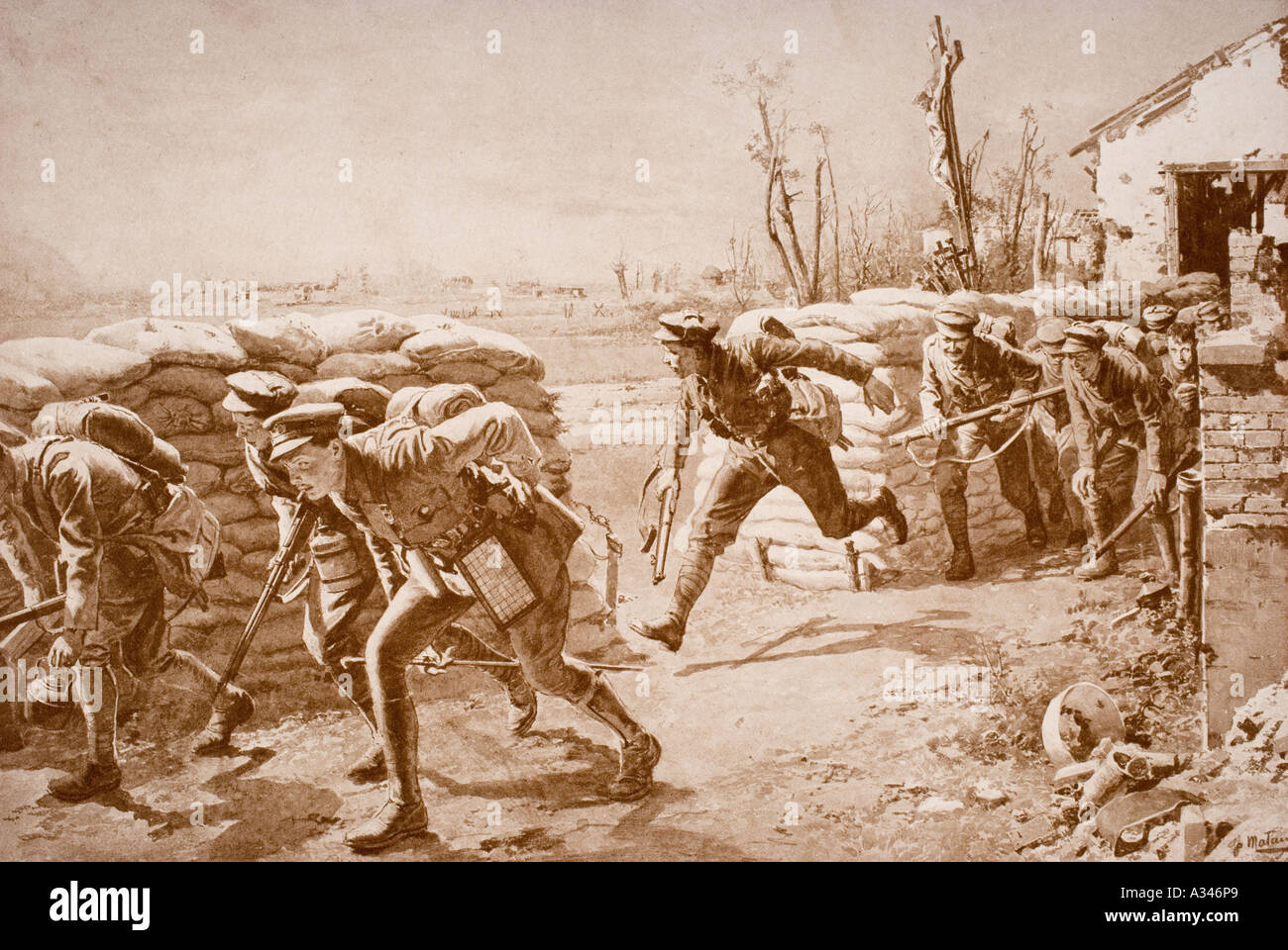 Britische Truppen in Frankreich eine Chance und einen Schlag für das Überschreiten der Raum durch feindliches Feuer während des Ersten Weltkrieges gesteuert. Stockfoto