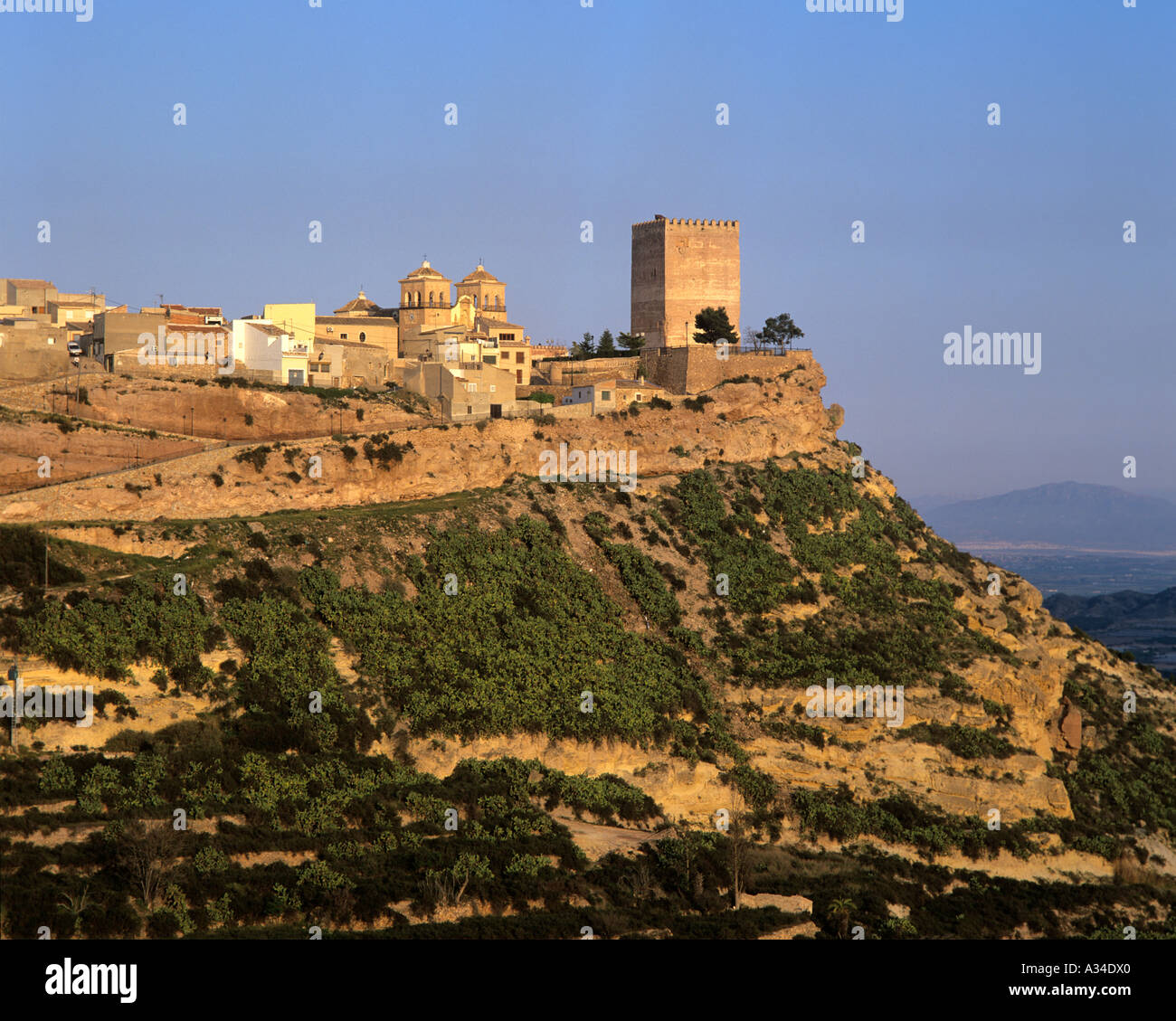 Blick über Tal, Dorf Aledo, Andalusien, Spanien. Stockfoto