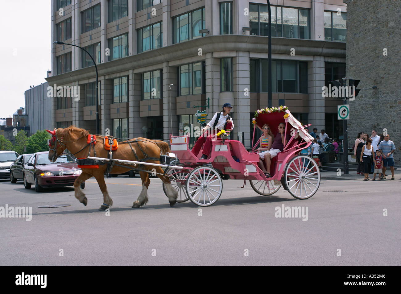 Hell rosa Kutsche in Old Montreal, Quebec, Kanada. Beliebte touristische Aktivität, fährt Schlitten. Stockfoto