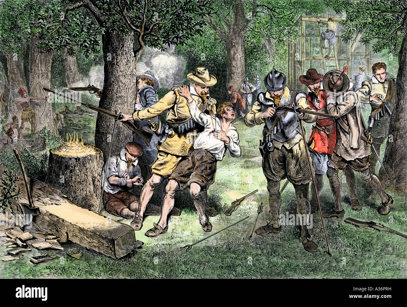Virginia Kolonisten unter Beschuss von Native Americans 1600. Hand - farbige Holzschnitt Stockfoto