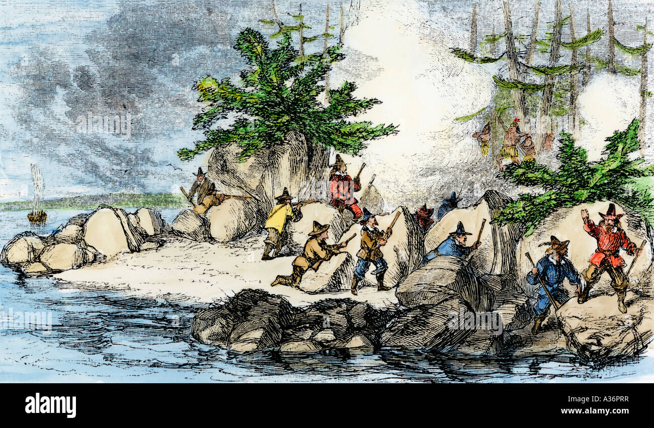Rhode Island Kolonisten und gebürtige Amerikaner Schlacht während König Philips Krieg. Hand - farbige Holzschnitt Stockfoto