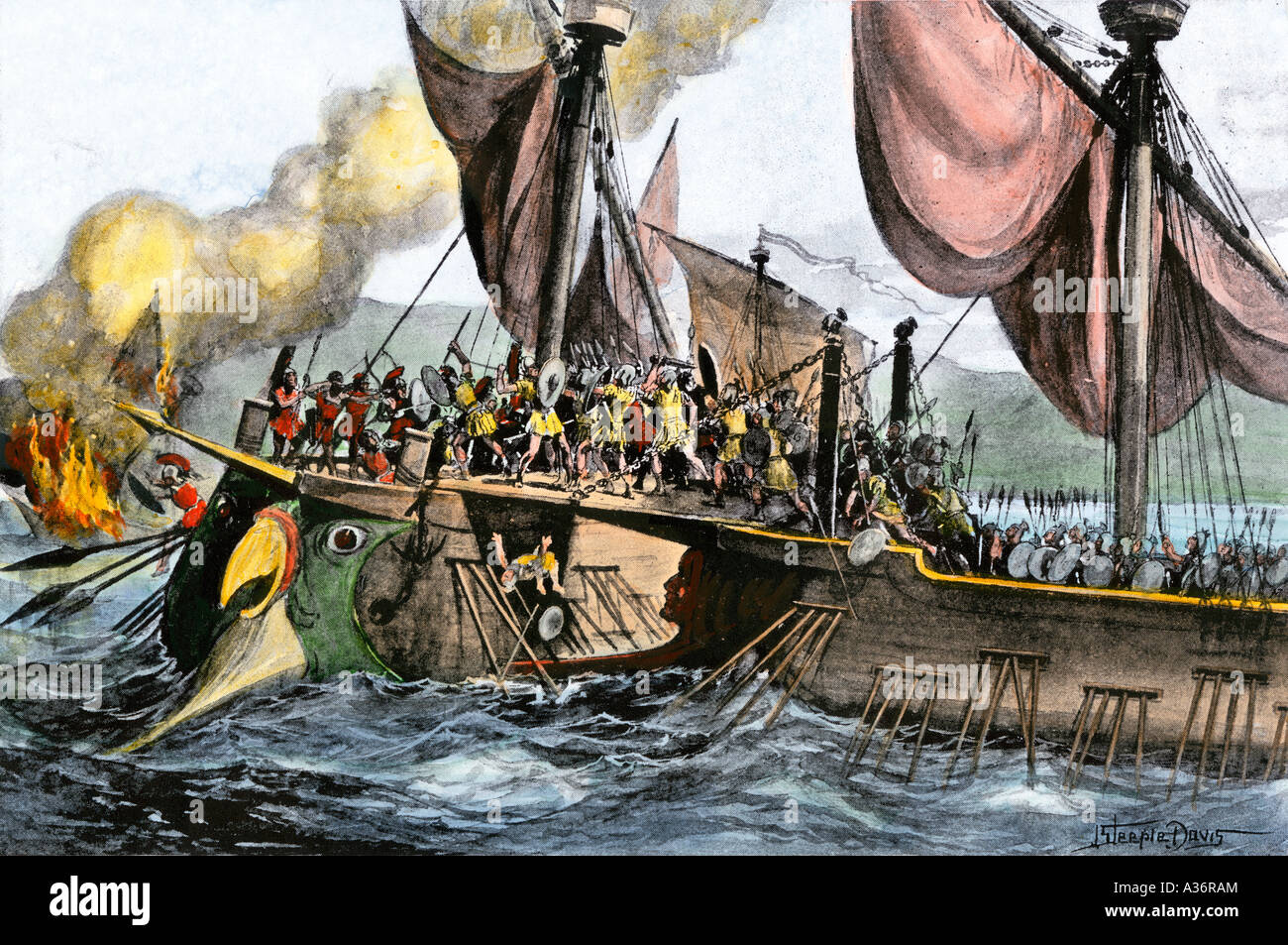 Römische Naval Sieg über die Karthager bei Mylae während des Ersten Punischen Krieges 260 v. Chr.. Handcolorierte halftone einer Abbildung Stockfoto