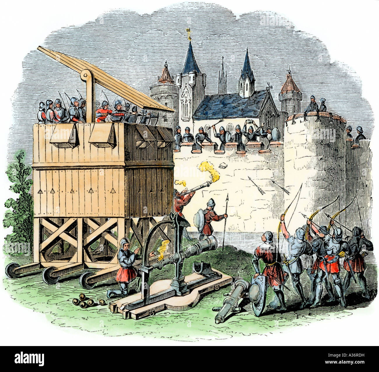 Bewegliche belagerungsturm der Bogenschützen und Kanone der mittelalterlichen Kriegsführung. Hand - farbige Holzschnitt Stockfoto