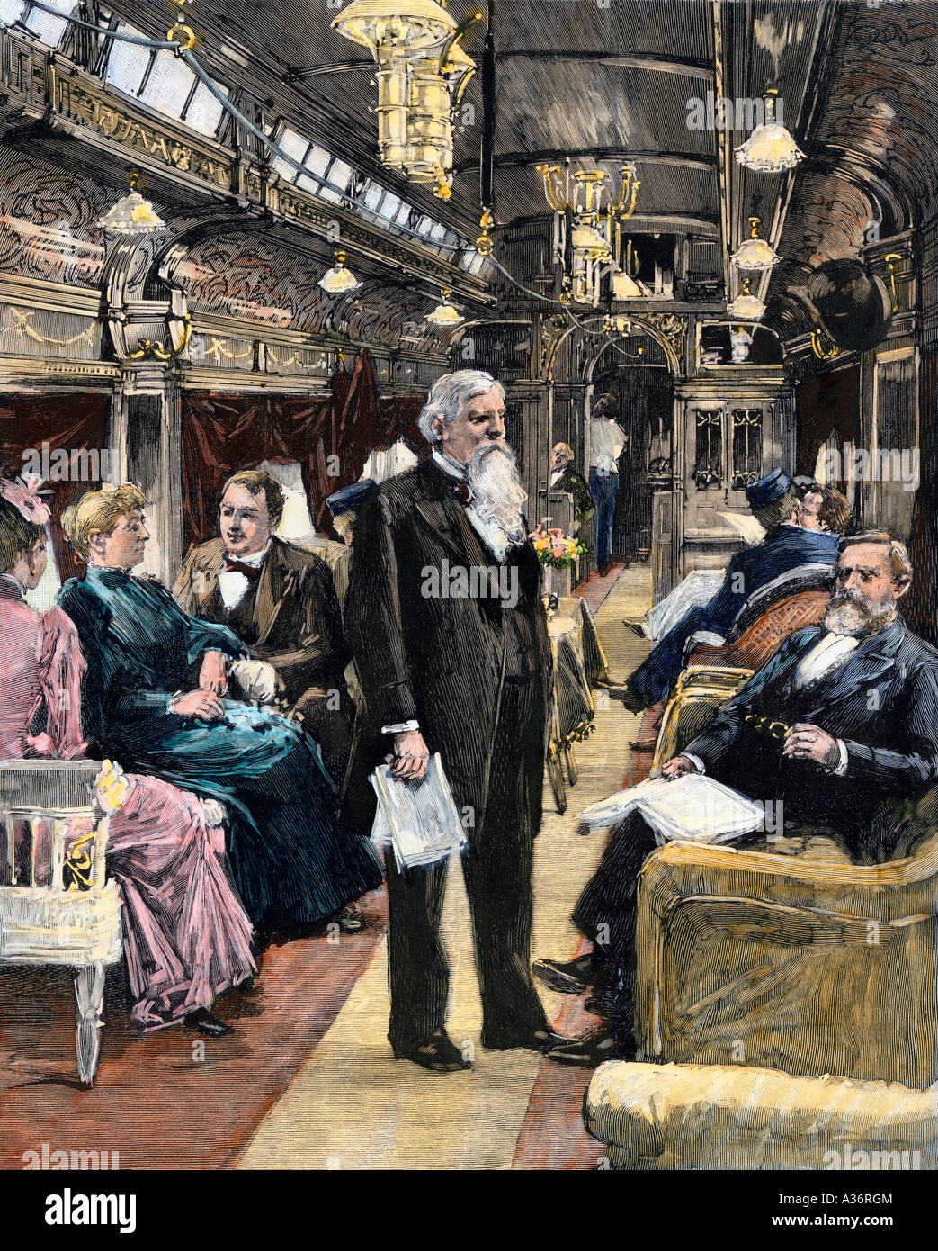 Eisenbahn Auto mit Präsident Benjamin Harrison an Bord 1891. Hand - farbige Holzschnitt Stockfoto