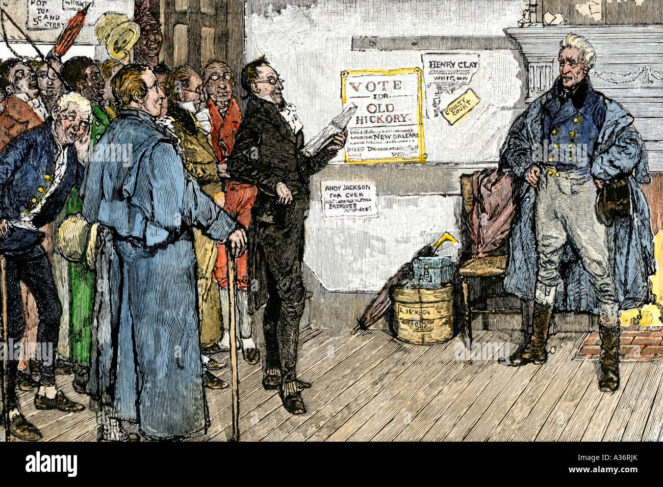 Bürger Adressierung Andrew Jackson bei seinem Wahlkampf für die Präsidentschaftswahlen 1820. Hand - farbige Holzschnitt Stockfoto