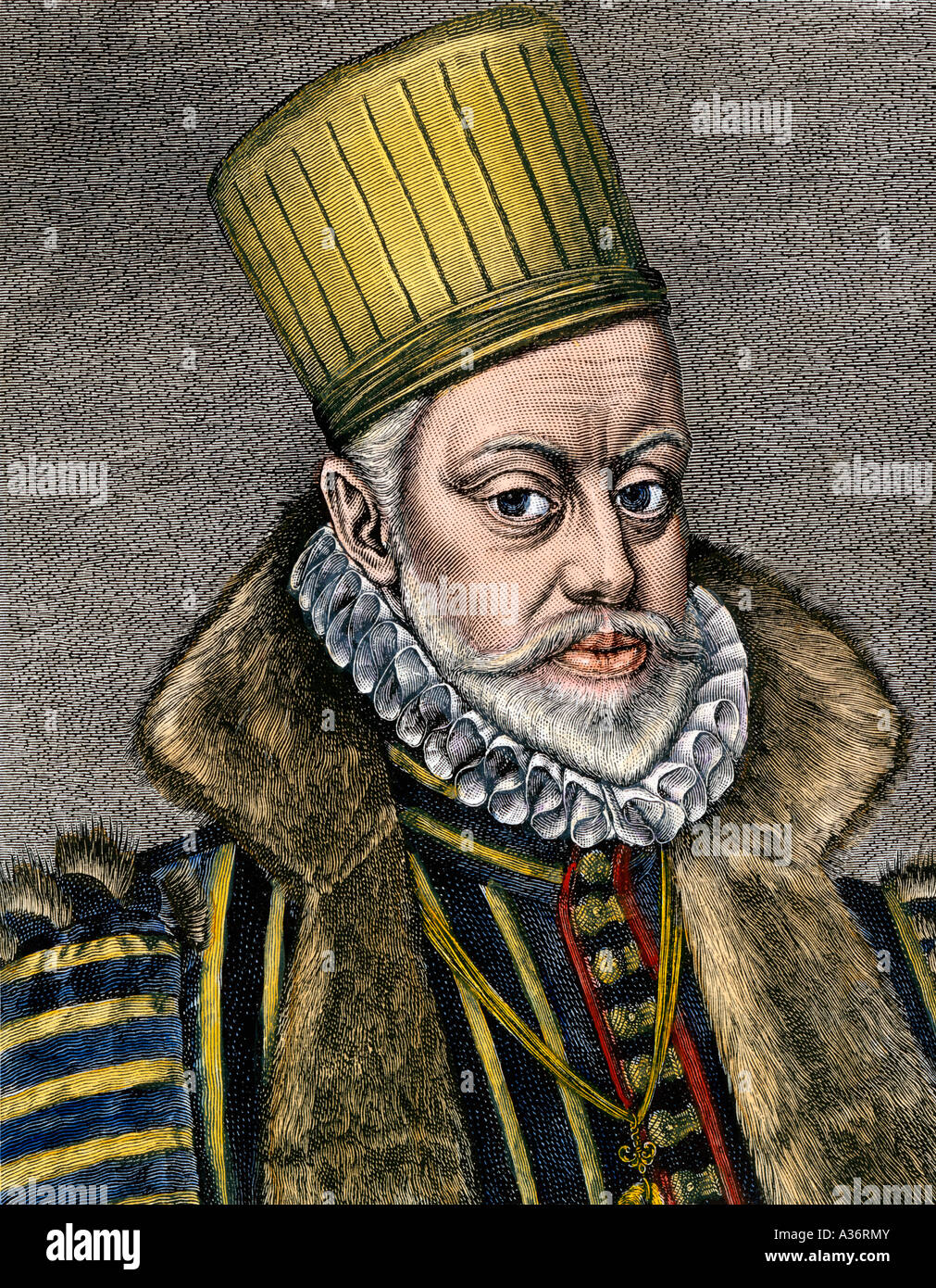Philip II oder Felipe II König von Spanien und Ehemann von Maria I. von England. Hand - farbige Holzschnitt Stockfoto
