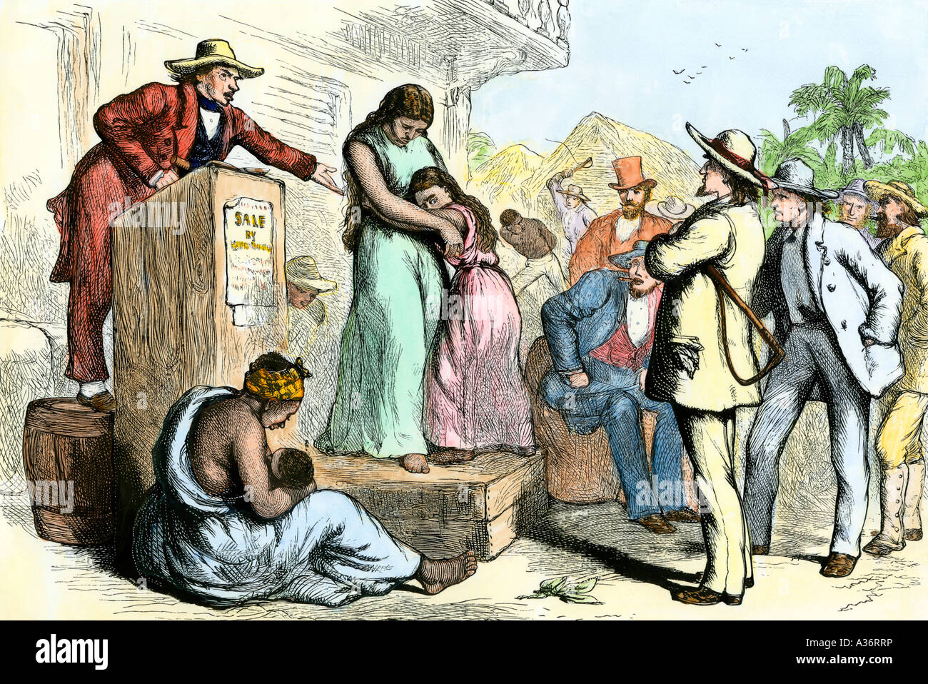 Slave Mutter und Tochter auf der Auktion Block im US-Süden. Hand - farbige Holzschnitt Stockfoto