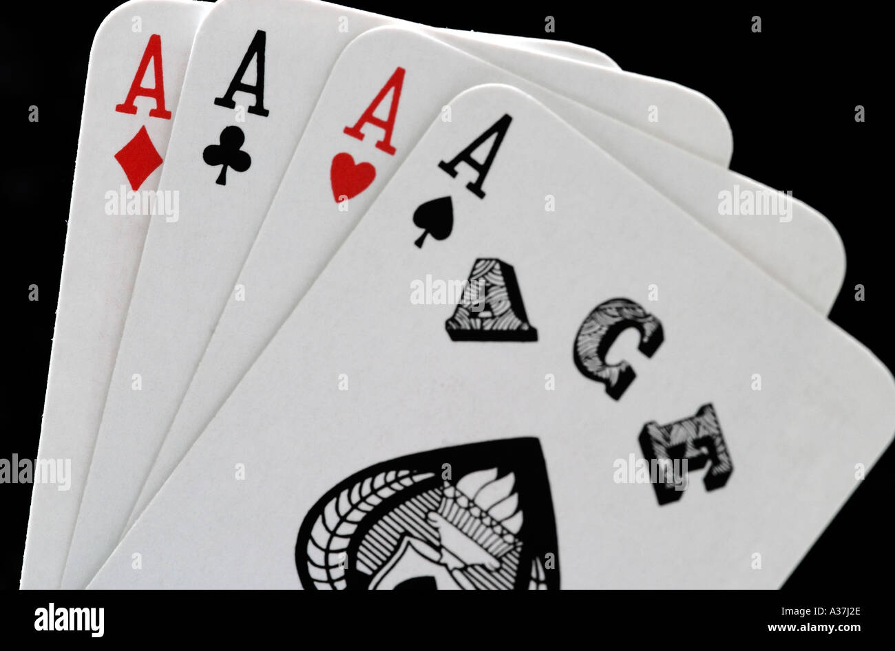 Spielkarten Aces Deuces Kings Queens Joker Tens Neunen achten Sevens sechs fünf Vieren drei zwei einen geraden F Stockfoto