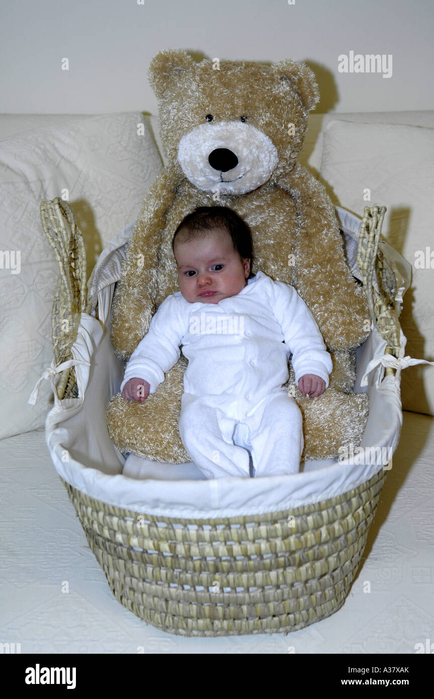 Baby Mädchen Teddy Bär glücklich kaukasischen Spaß Gesicht Kopf Lächeln Porträt Moses Korb Krippe groß Stockfoto