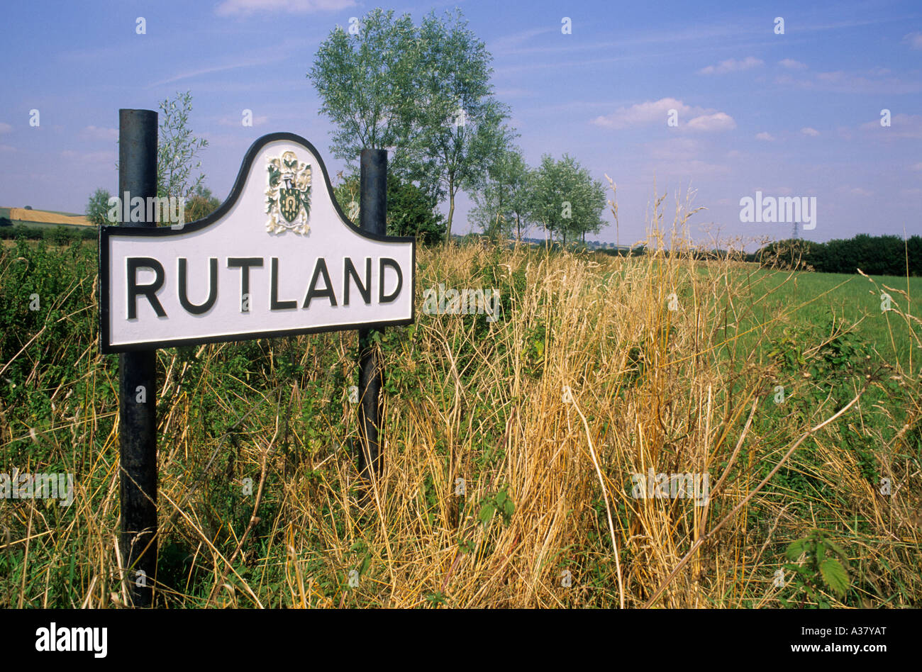 Rutland county Grenze zu signieren, am Straßenrand Schilder, Wegweiser, England, UK Stockfoto