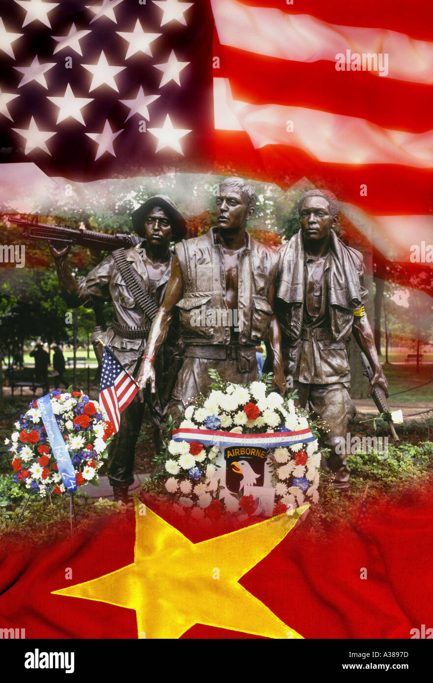 Vietnam War Memorial mit Fahnen der USA und Vietnam Stockfoto