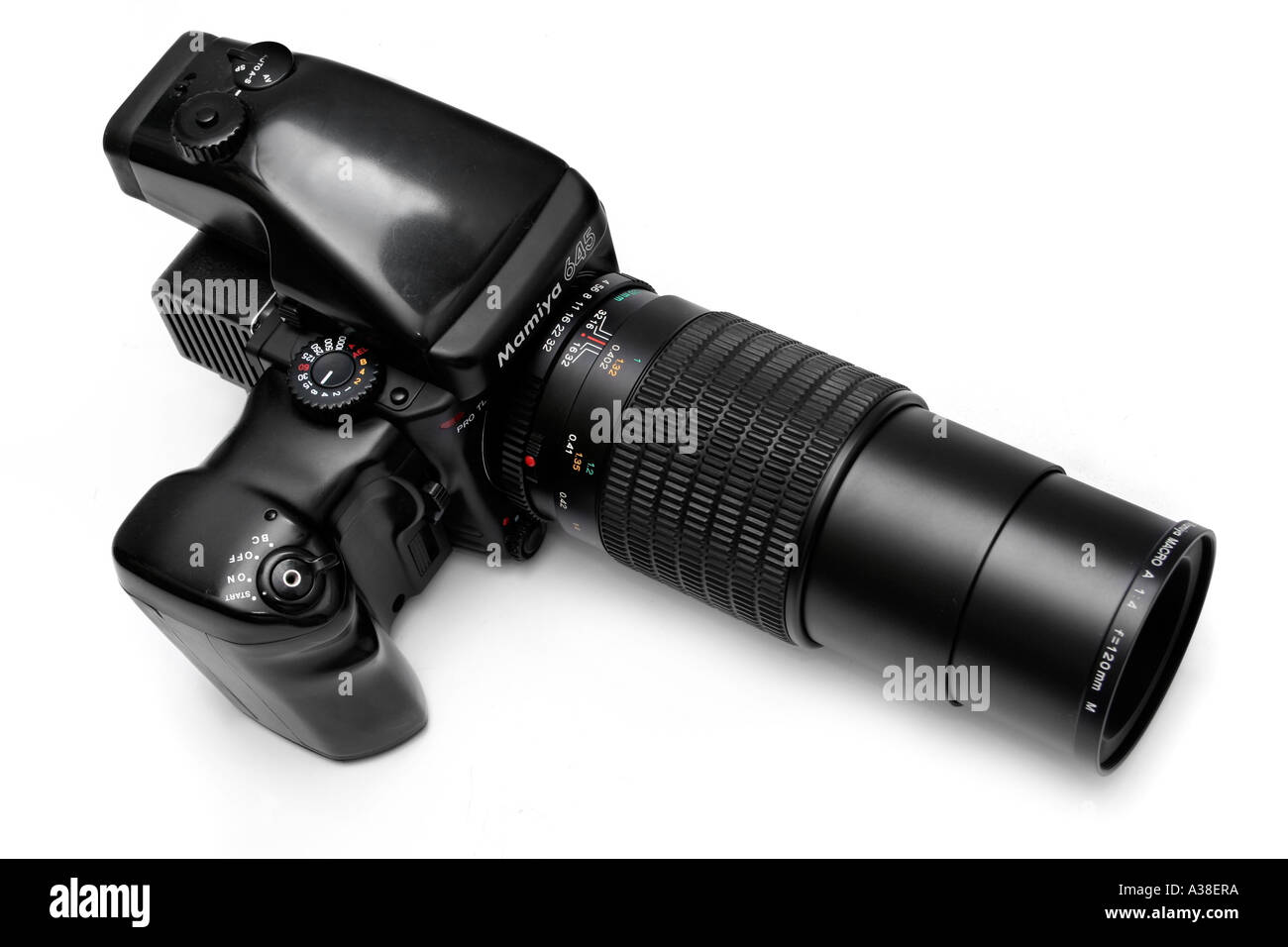 Mamiya 645 ProTL 645 Mittelformat-Spiegelreflexkamera mit Sekor 120mm Makro-Objektiv Stockfoto