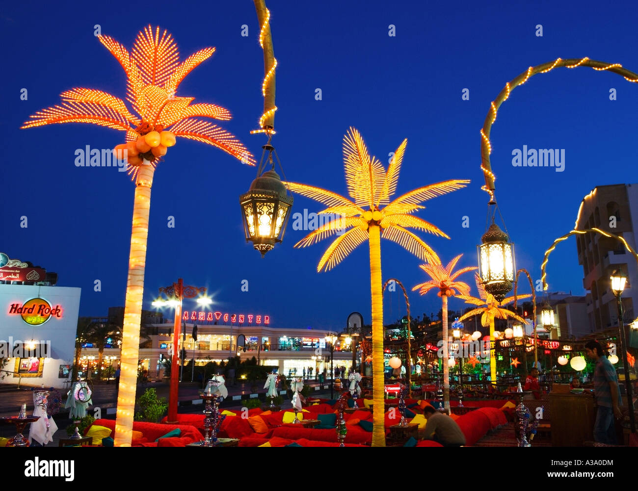 Sie beleuchtet Palmen auf Straße in Sharm El Sheikh, Ägypten. Stockfoto