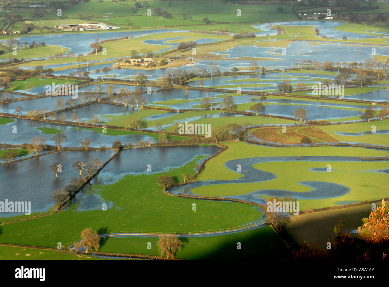 Überfluteten Ackerland unter den Breidden Hügeln Montgomeryshire UK Stockfoto
