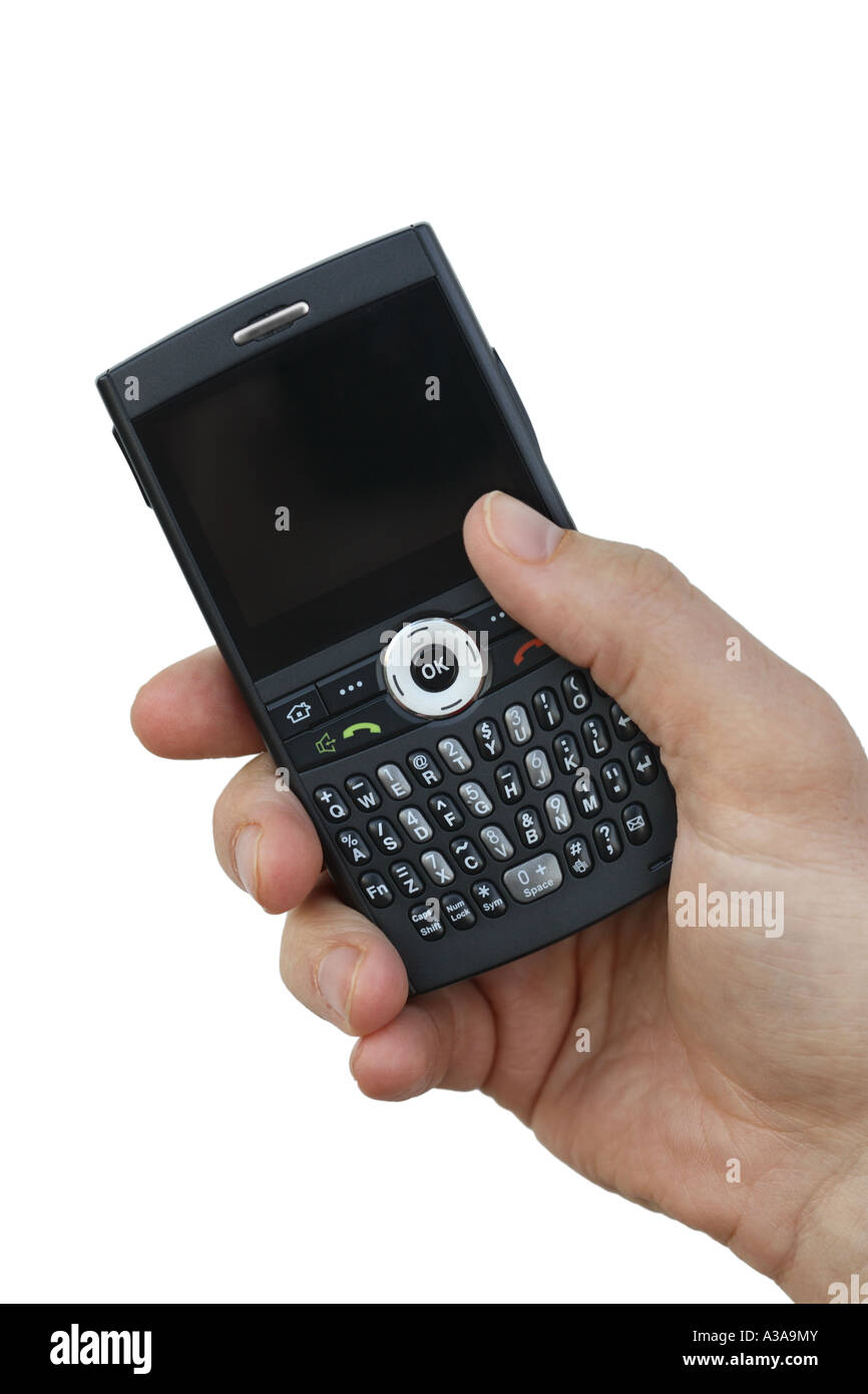 Hand, die ein Handy / PDA (Logos entfernt) Stockfoto