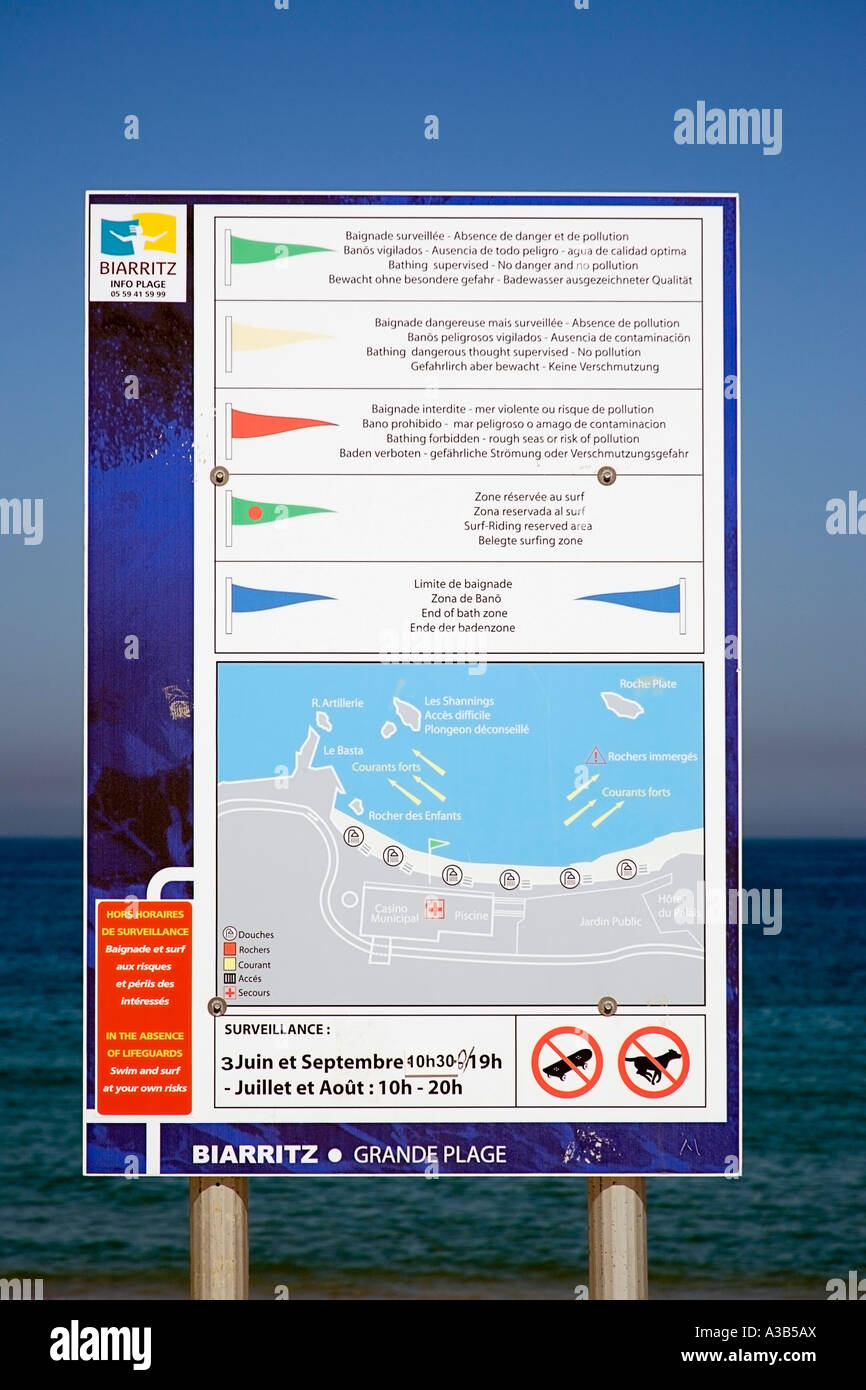 Frankreich Aquitaine Pyrenäen Atlantique Biarritz Grande Plage Strand Sicherheit Warnzeichen über Meeresströmungen und Karte der Gegend. Stockfoto