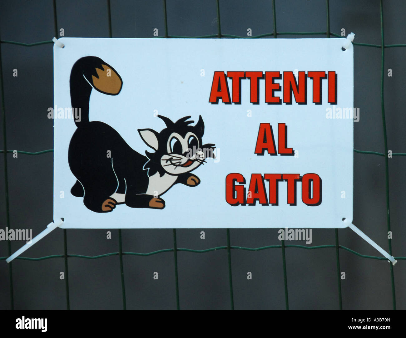 "Hüten Sie sich vor der Katze" unterzeichnen in Bastia, Lunigiana, Toskana, Italien, Europa. Stockfoto