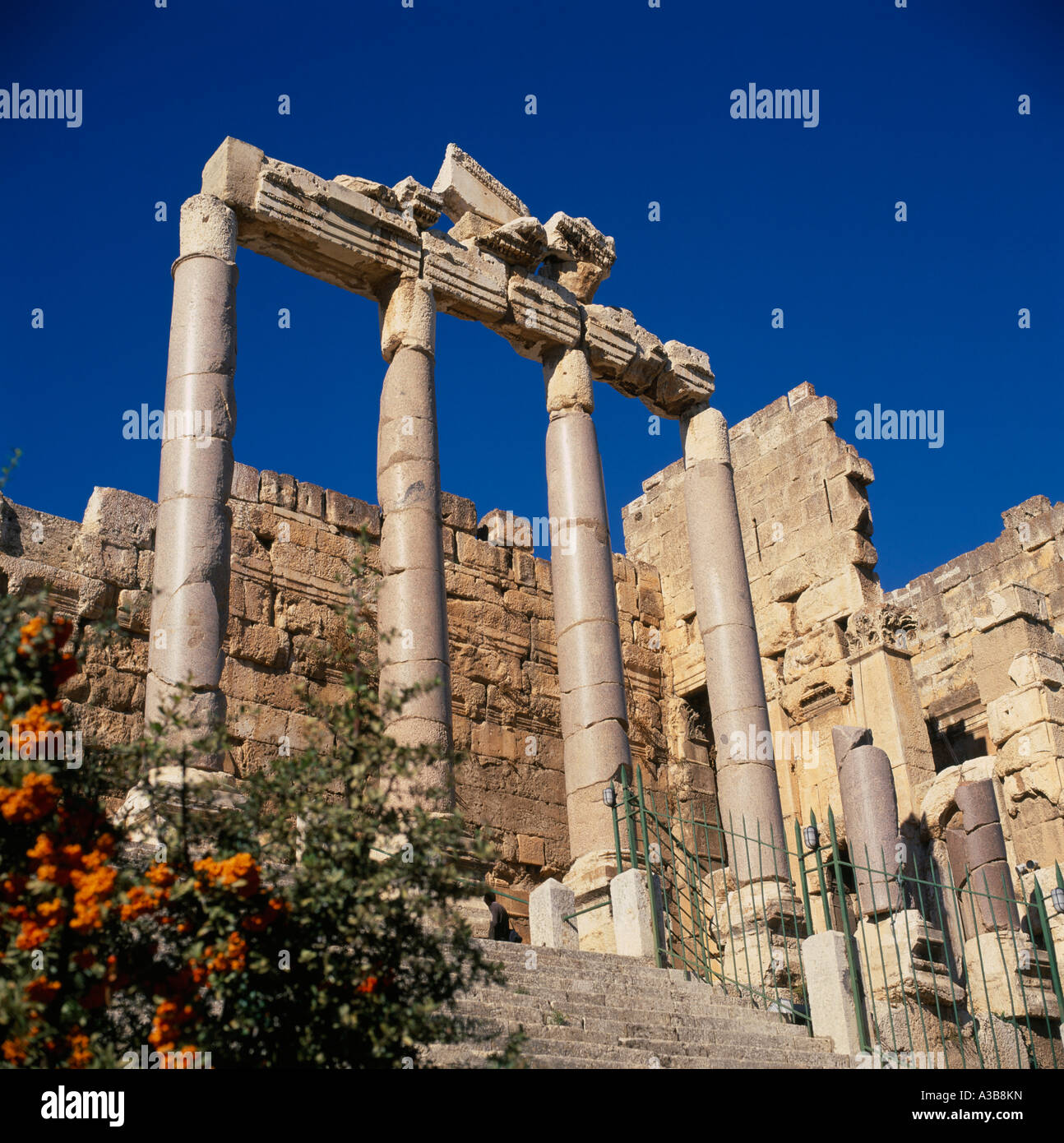 Libanon Nahost Baalbek Treppe zu den Spalten der Tempel des Jupiter in den Ruinen der ehemaligen römischen Stadt Stockfoto