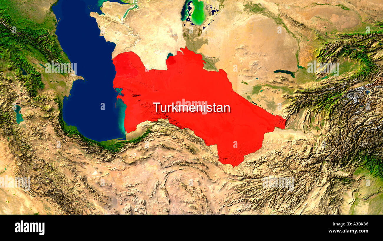 Satellitenbild von Turkmenistan rot hervorgehoben Stockfoto