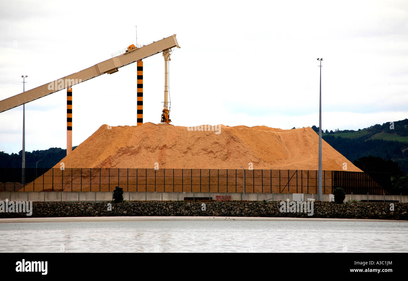 Ein Export Haufen Hackschnitzel in Marsden Point Northland Neuseeland Stockfoto