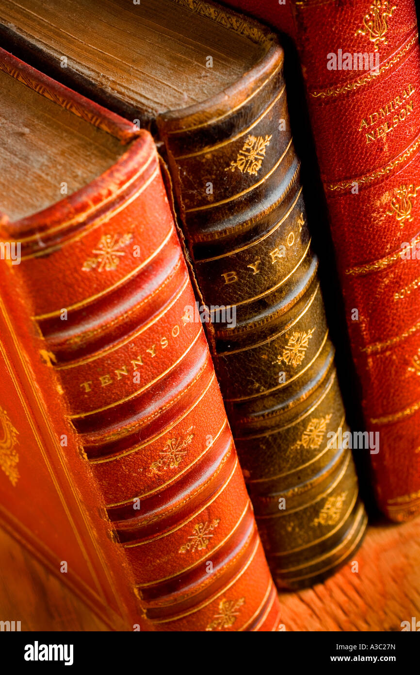 Drei antike Leder gebundene Bücher des 19. Jahrhunderts Literatur einschließlich der Poesie von Tennyson und Bryon Stockfoto