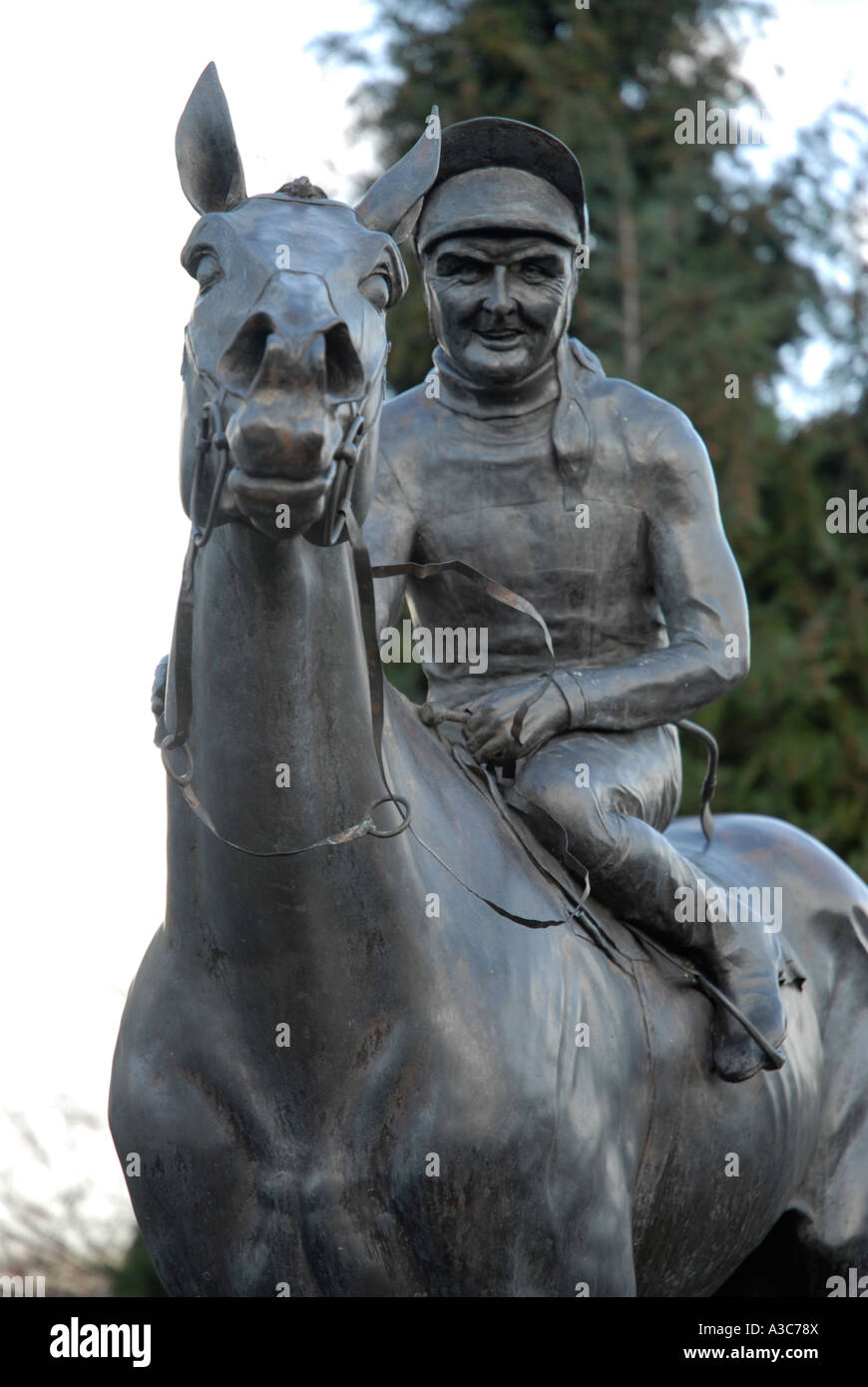 Cheltenham Race Course Prestbury Park Statue von Dawn laufen Champion Hürde und Gold Cup-Sieger mit jockey Jonjo O Neill Stockfoto