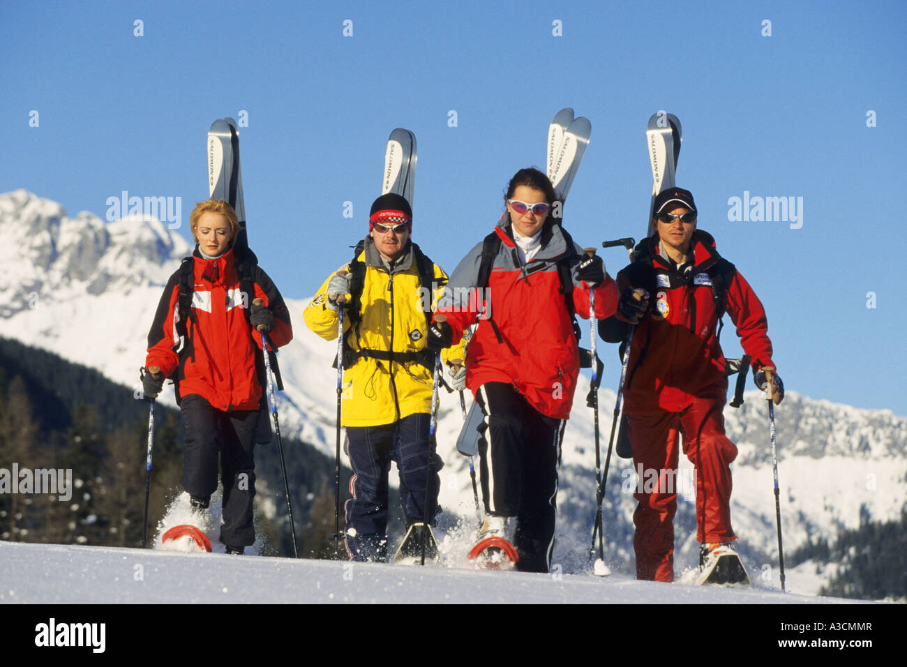 eine Gruppe von Skifahrern im Tiefschnee, Österreich, Alpen Stockfoto