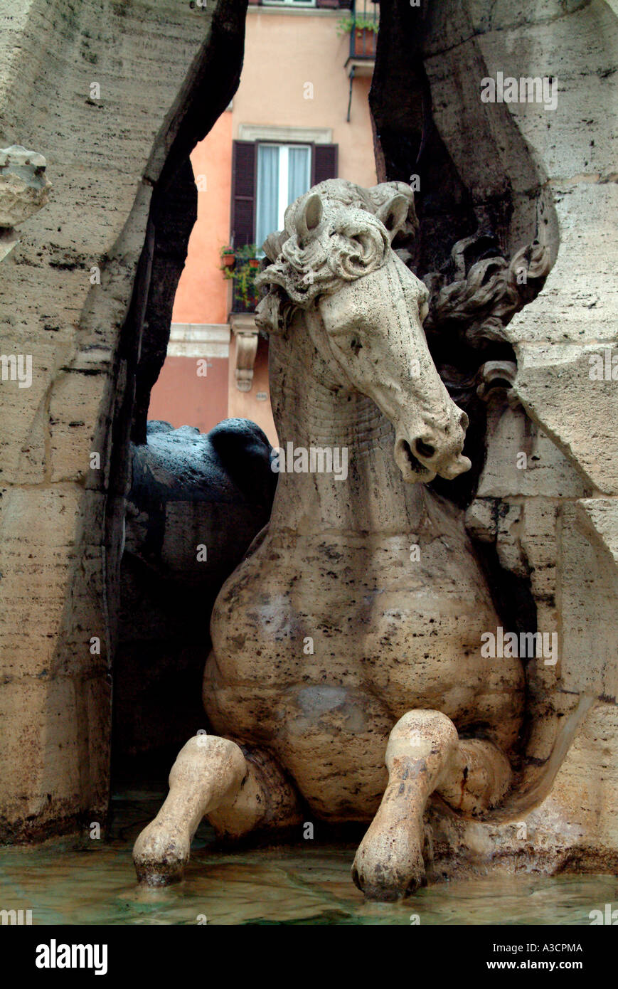 Statue eines Pferdes von den vier Flüssen Brunnen, Piazza Navona-Rom Italien Stockfoto