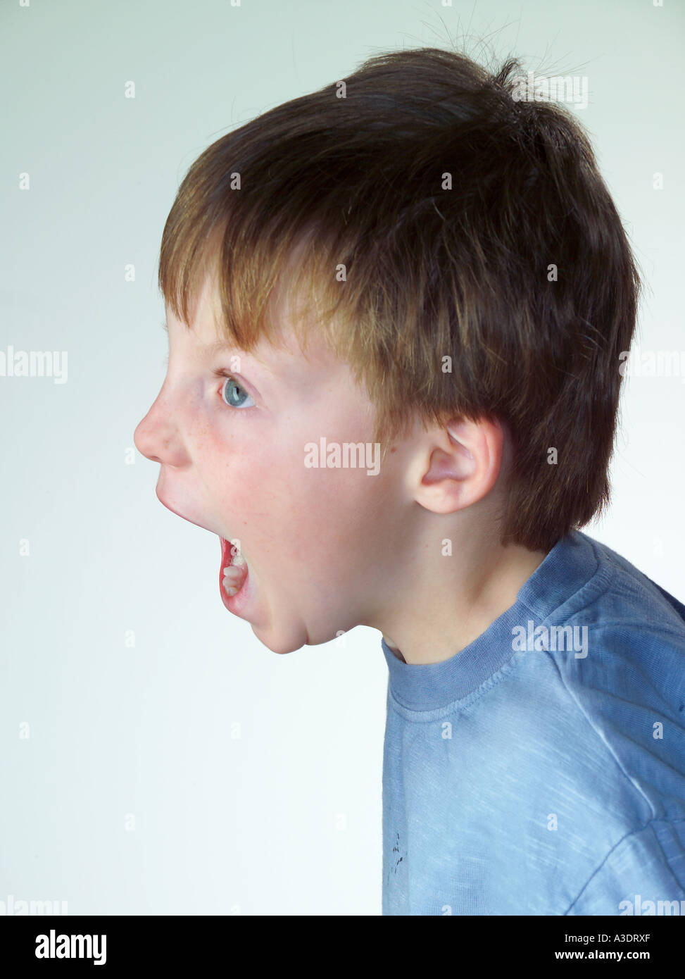 Jungen schreien vor weißem Hintergrund Stockfoto