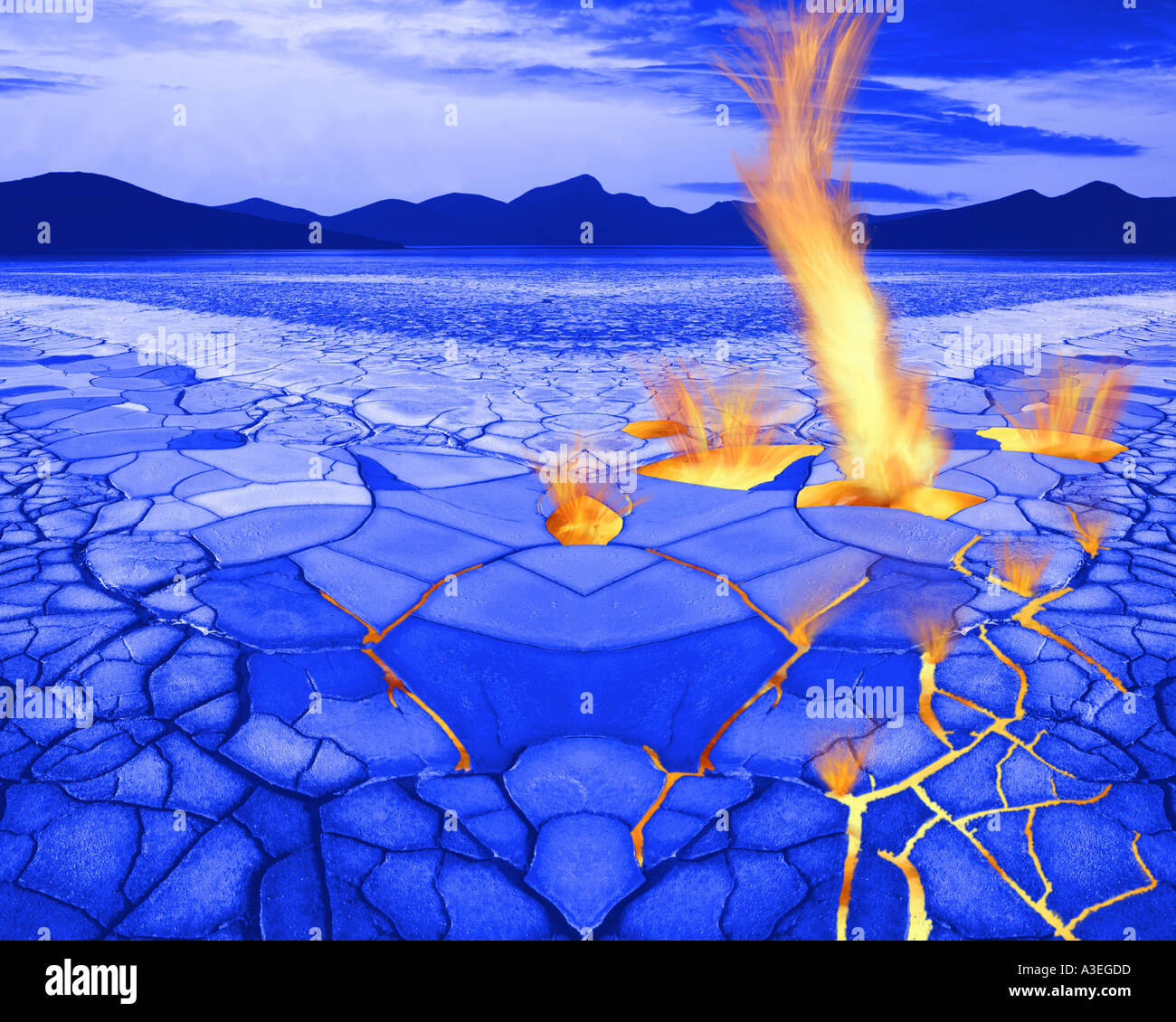 DIGITALE Kunst: Feuer in blaue Wüste Stockfoto