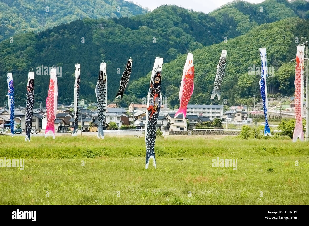 Koinobori, karpfenförmige Streamer, Hyogo Japan Stockfoto