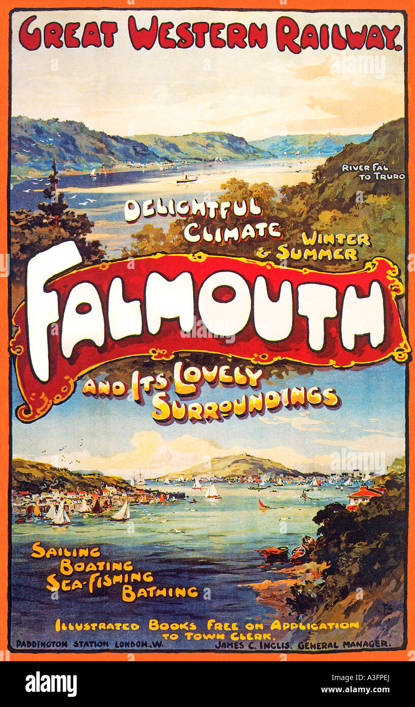 Falmouth Poster von der Great Western Railway, die Werbung der Freuden von Urlaub in Cornwall Stockfoto